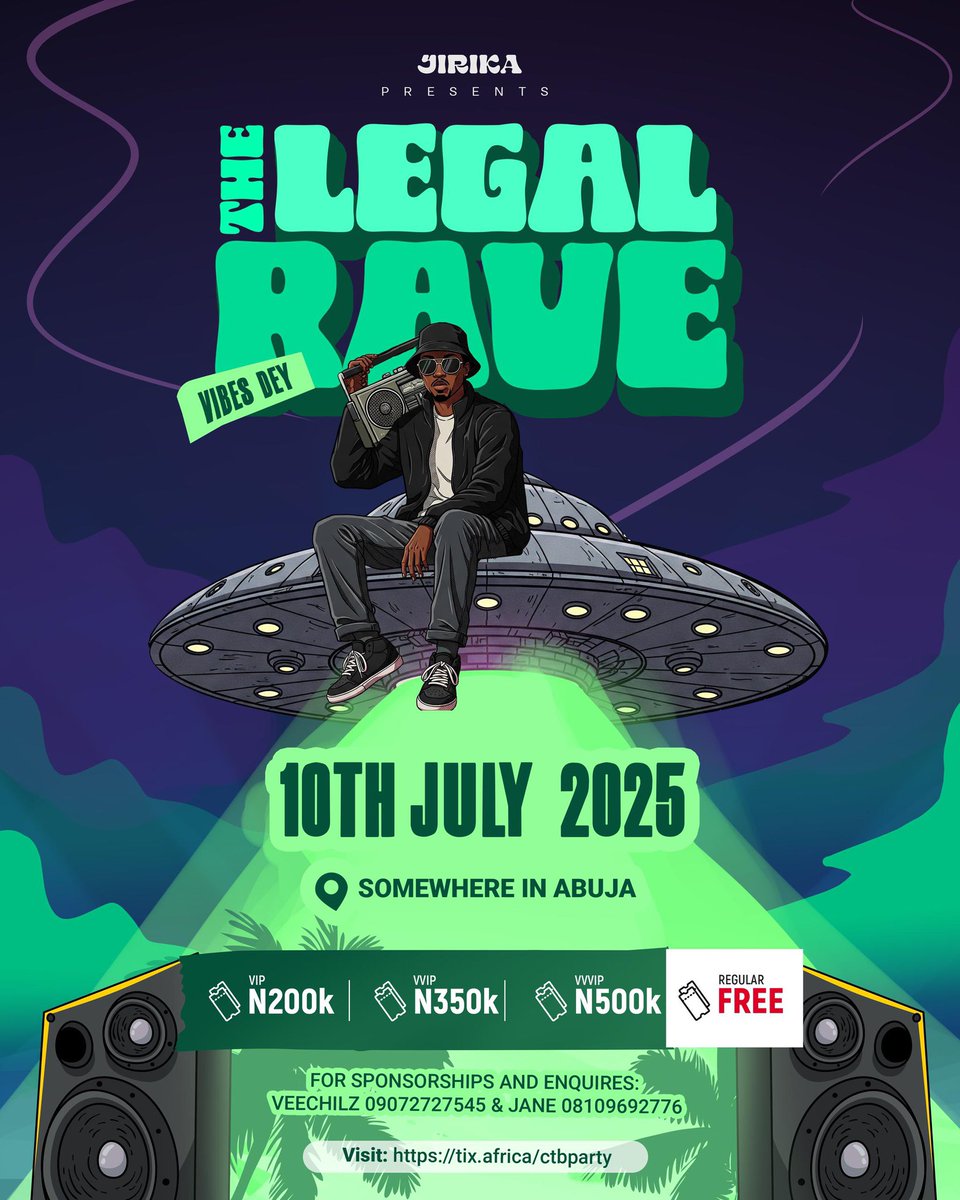 Excited to be having my first event in abuja ‘Vibes Dey - The Legal Rave’
Im excited to be doing this with <a href="/getjirika/">JIRIKA</a> 

If this comes up on your timeline please help me retweet🥺