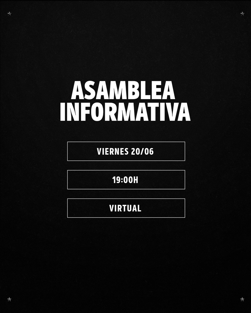 📤 Llamado a 𝐀𝐬𝐚𝐦𝐛𝐥𝐞𝐚 𝐈𝐧𝐟𝐨𝐫𝐦𝐚𝐭𝐢𝐯𝐚

La misma se realizará el viernes 20/06 a las 19:00H de manera virtual para que así puedan participar socios del interior &amp; exterior.