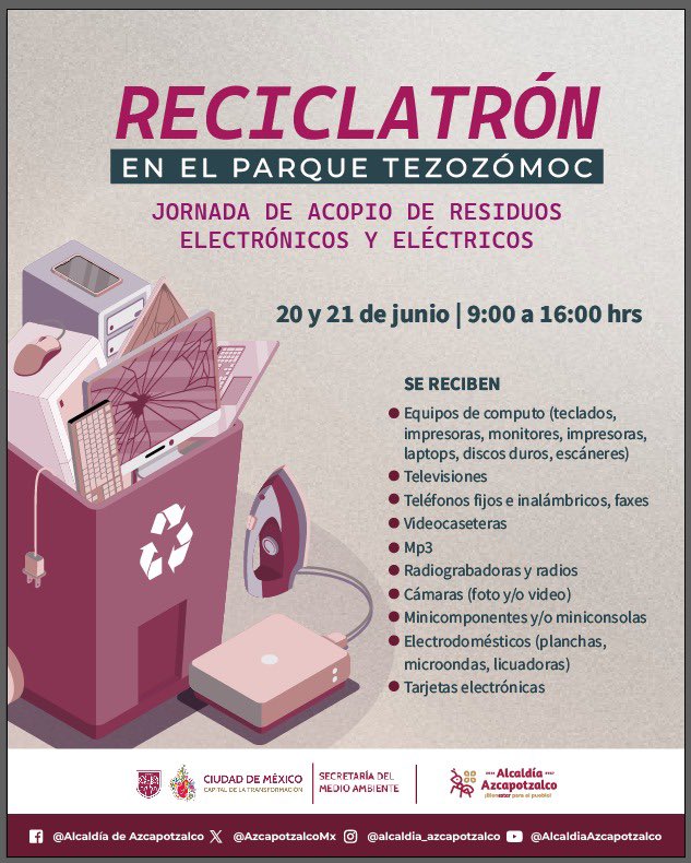 💡 Reciclar también es cuidar tu entorno.

Cada aparato olvidado en casa puede convertirse en un problema ambiental si no se maneja de forma adecuada. Por eso, este 20 y 21 de junio, el #Reciclatrón llega al #ParqueTezozomoc para que te deshagas de esos electrónicos viejos de