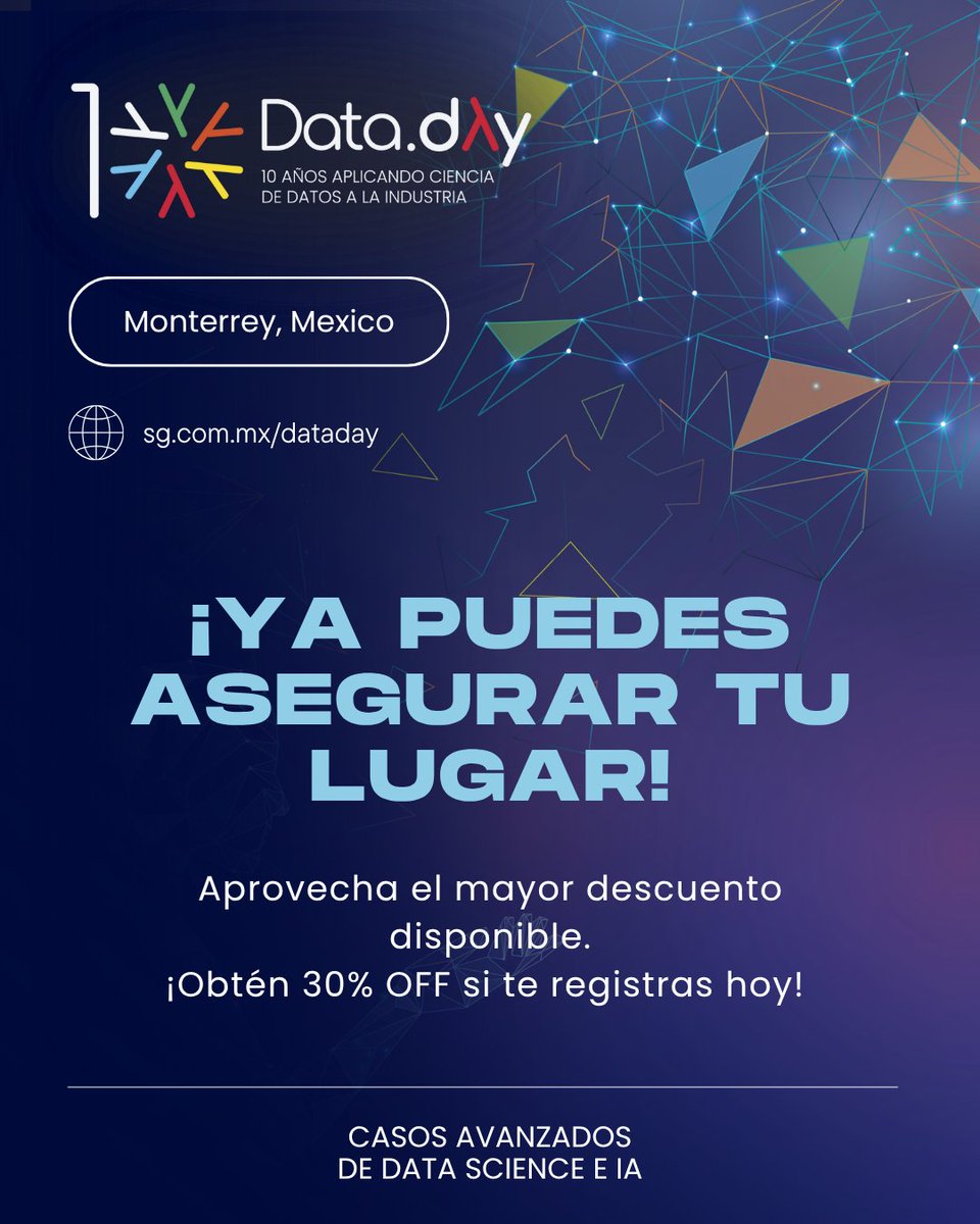 ¿Quieres inspiración real para tu siguiente proyecto de datos? Nos vemos en Data Day 2025.
Aprovecha la tarifa temprana, disponible por tiempo limitado. Es el mayor descuento que habrá.
¡Obtén 30% OFF si te registras hoy!
sg.com.mx/dataday/tickets
