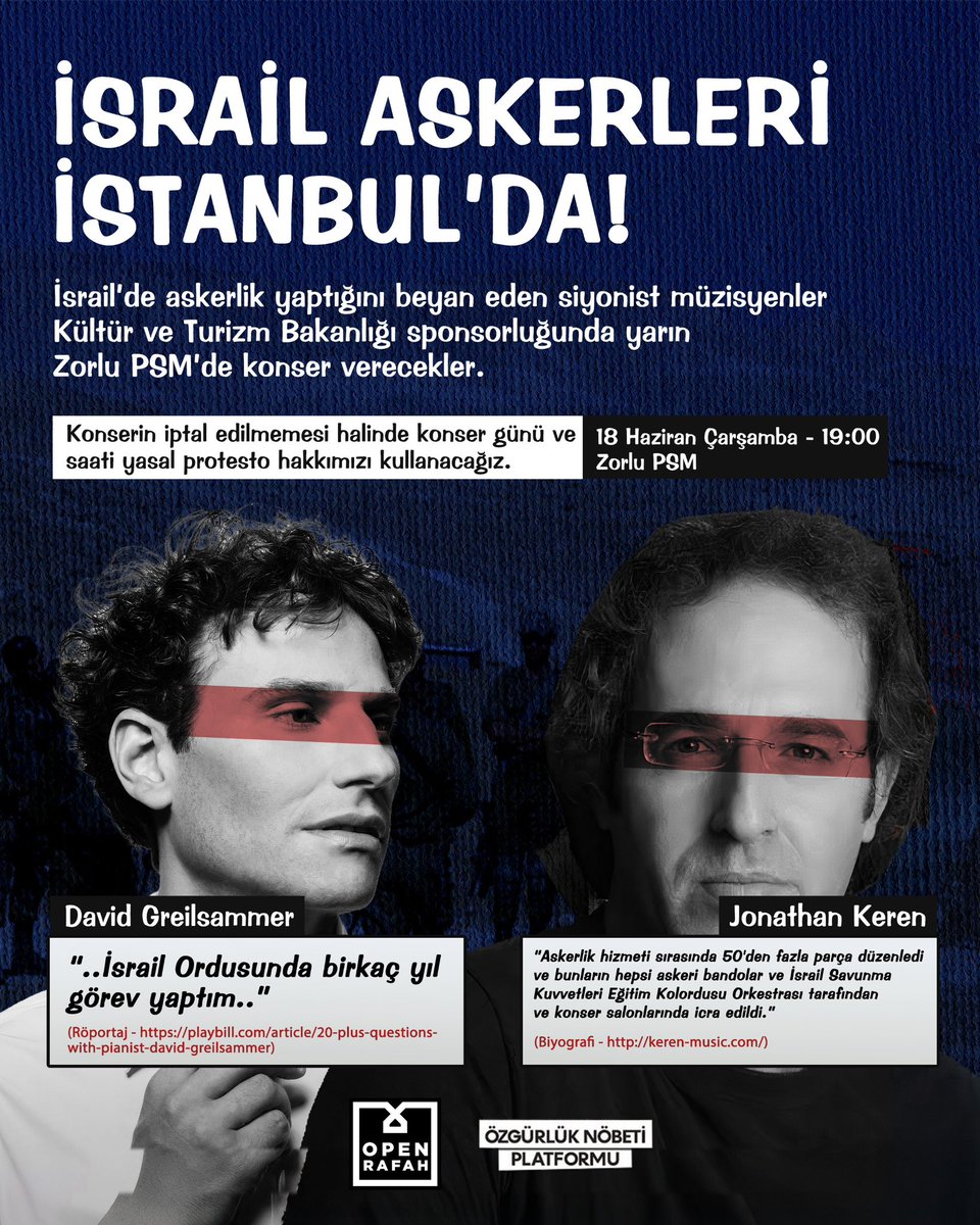🔴Önce Jonathan Keren için Türkiye’ye gelmiyorlar dediniz. Otel rezervasyonları ortaya çıkınca rezervasyon güncel değil dediniz. Sonra İsrail’de uzun yıllar askerlik yapmış David Greilsammer’in orkestranın başında konser vermek üzere dün Türkiye’ye geldiği ortaya çıktı.