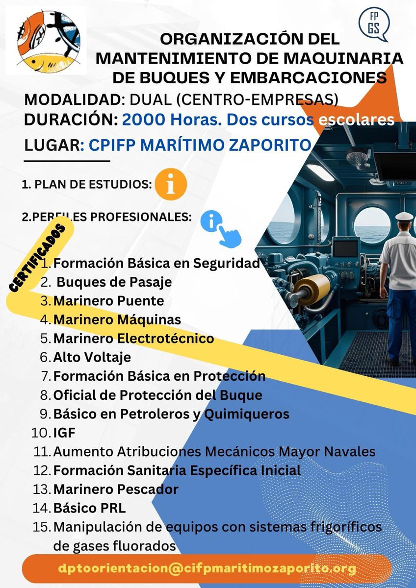 CPIFP Marítimo Zaporito (@czaporito) on Twitter photo Si quieres ser mecánico mayor naval, tienes que estudiar este título de FP. Consulta el plan de estudios y salidas profesionales que se complementan en el CPIFPMarítimo Zaporito con 15 certificados. Si quieres ser mecánico mayor naval, tienes que estudiar este título de FP. Consulta el plan de estudios y salidas profesionales que se complementan en el CPIFPMarítimo Zaporito con 15 certificados.