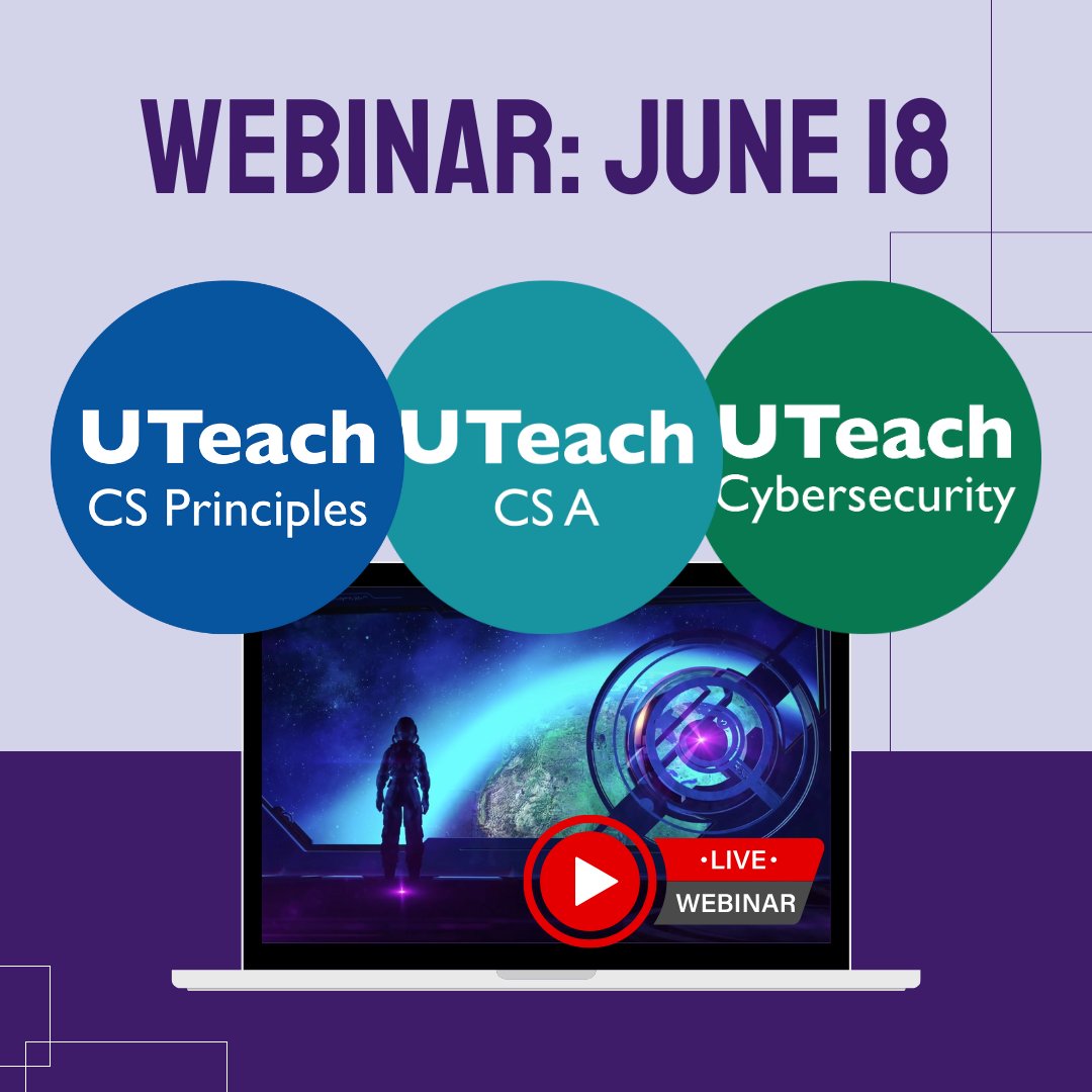 UTeachCS's tweet image. 📆 Register for our June 18 webinar to explore engaging resources for #APCSP, #APCSA, &amp;amp; #Cybersecurity.

Discover “interplanetary missions” &amp;amp; projects where students stop a fictional cyber attack to save the world!

When: 6/18 at 4pm ET / 1 pm PT
Register: bit.ly/cs-june25