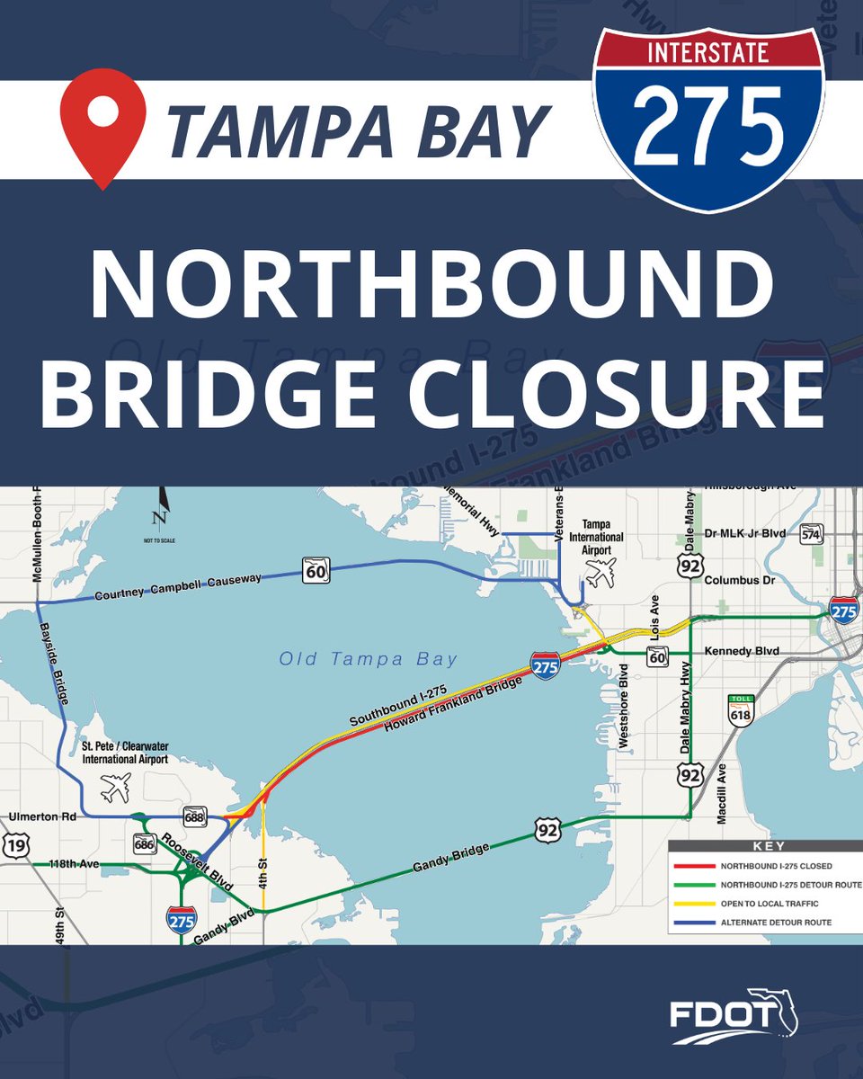 🚧Northbound I-275 Travel Lanes on the Howard Frankland Bridge Closing Wednesday Night🚧

Motorists traveling NB on I-275 towards the Howard Frankland Bridge will have to detour off the interstate using Gandy Blvd (Exit 28) from 11 p.m., Wed., June 18, to 5 a.m., Thurs., June 19.