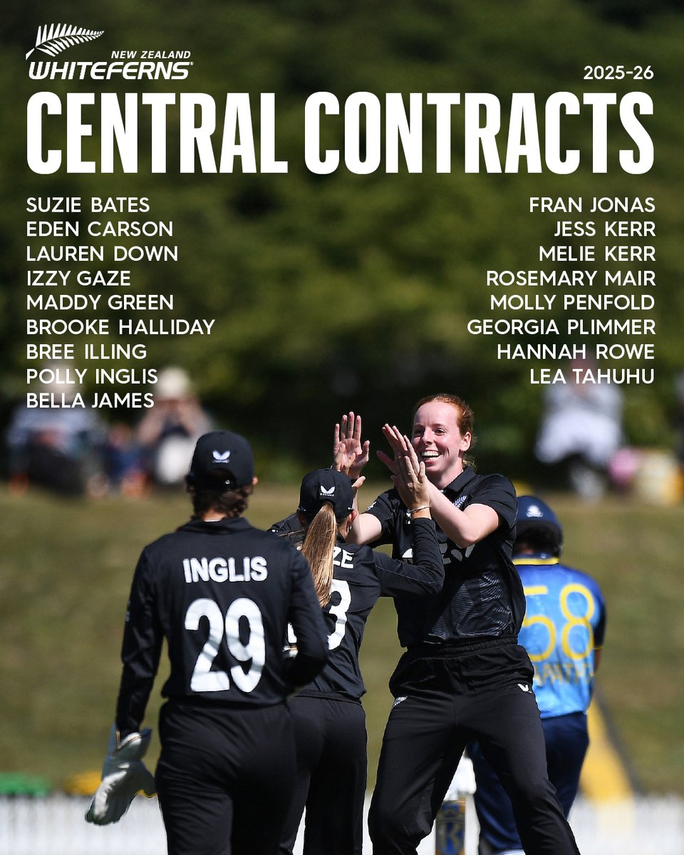 Your 17 centrally contracted WHITE FERNS for the 2025-26 season ✍️ 

Congratulations to Auckland's Bree Illing and Otago's Bella James who have earned their first central contracts! Story | on.nzc.nz/4e7uZoD