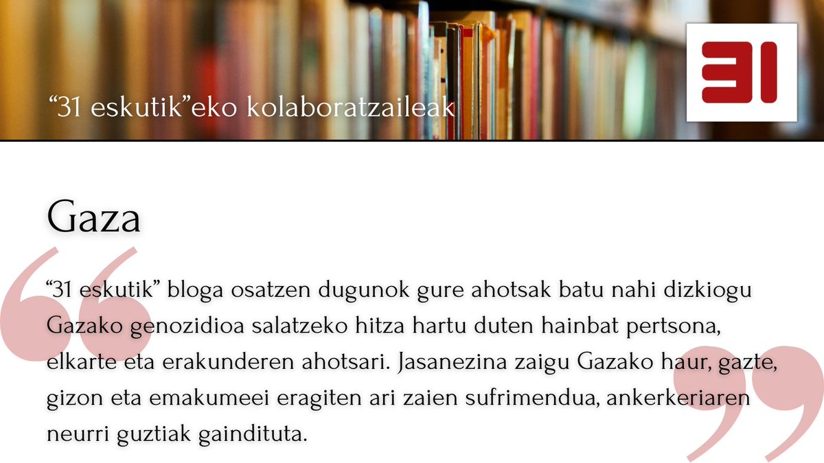 Gaur, gure blogean, "Gaza", gure kolaboratzaile guztien izenean idatzitako aldarrikapena:
31eskutik.eus/2025/06/18/gaz…