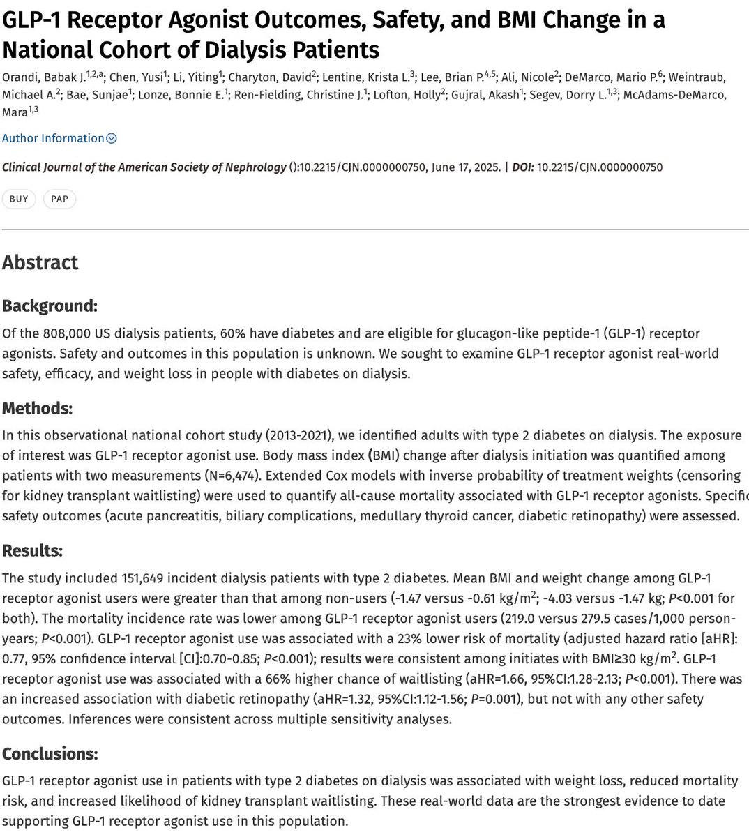 MWeintraubMD's tweet image. 💉 GLP-1s were associated with 23% lower risk of mortality in those with type 2 diabetes on dialysis compared to non-users 💡 

🙏 Honored to be co-author on this observational analysis of 151,649 dialysis patients with type 2 diabetes, published today 📅…