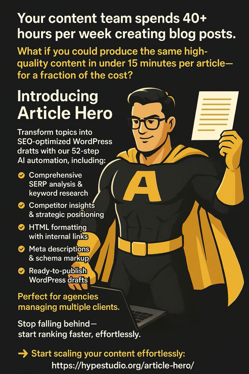 Your competitors publish three or more times a week.

With Article Hero, you can do the same, without writing a single word.

👍 Start scaling your content effortlessly: hypestudio.org/article-hero/

#ContentMarketing #SEOContent #DigitalAgency #ContentAutomation #WordPress #AI