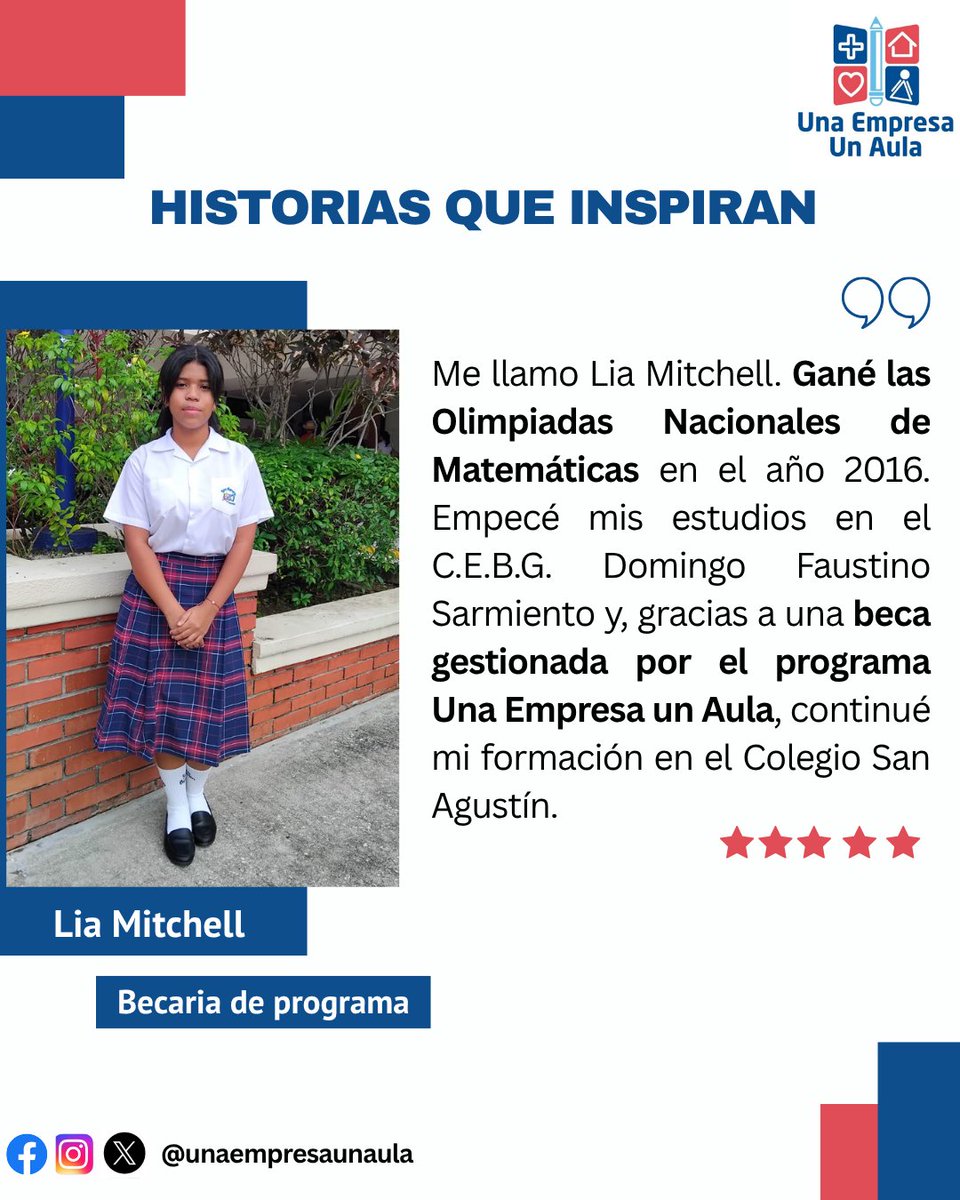✨ Lia Mitchell ganó las Olimpiadas Nacionales de Matemáticas en 2016.
Inició en una escuela pública y hoy estudia en el Colegio San Agustín gracias a una beca de #UnaEmpresaUnAula.
Porque cuando el talento se apoya, el futuro se transforma. 

#Educación #SanMiguelito #Panamá
