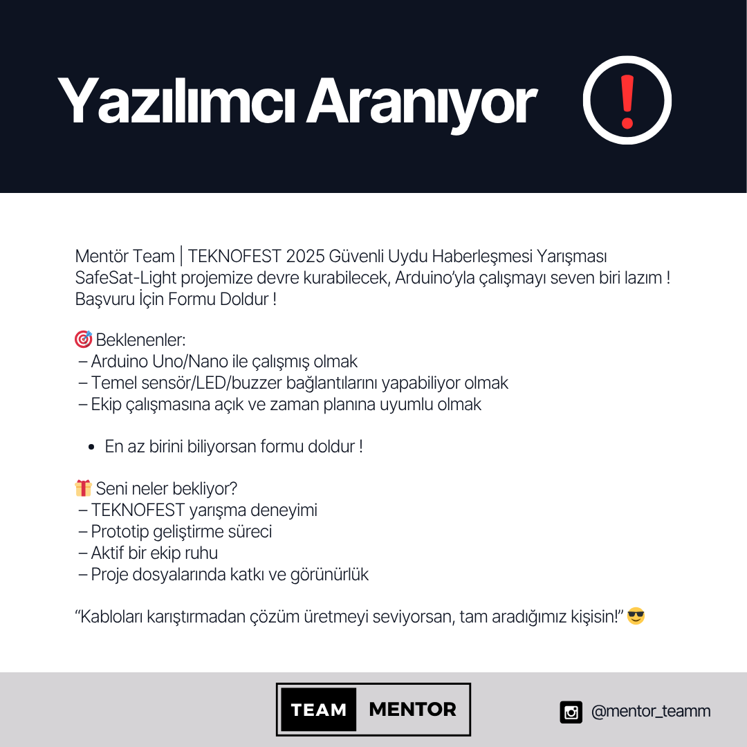 Başvurmak İçin Formu Doldur ➡️ docs.google.com/forms/d/1VwnTt…

#MentörTeam #SafeSatLight #TEKNOFEST2025 #Arduino #Python #UyduTeknolojisi #YerliVeMilli #AnomaliTespiti #GençMühendisler #UzaydaGüvendeyiz