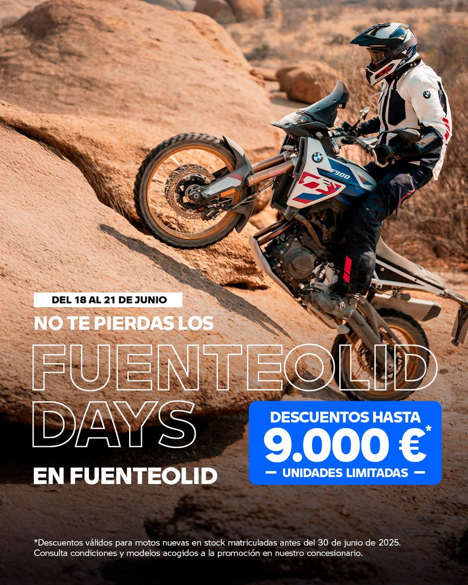 FuenteolidMoto_'s tweet photo. 🏁Fuenteolid Days: 4 días únicos hasta 9.000 € de dto
  Del 18 al 21 de junio en Fuenteolid BMW Motorrad lanzamos nuestra campaña más potente
 
🕒Esta oportunidad es solo válida para pedidos realizados hasta el 21 de junio y matriculados antes del 30 de junio @bmwmotorradesp https://t.co/wAiQvxQUe7