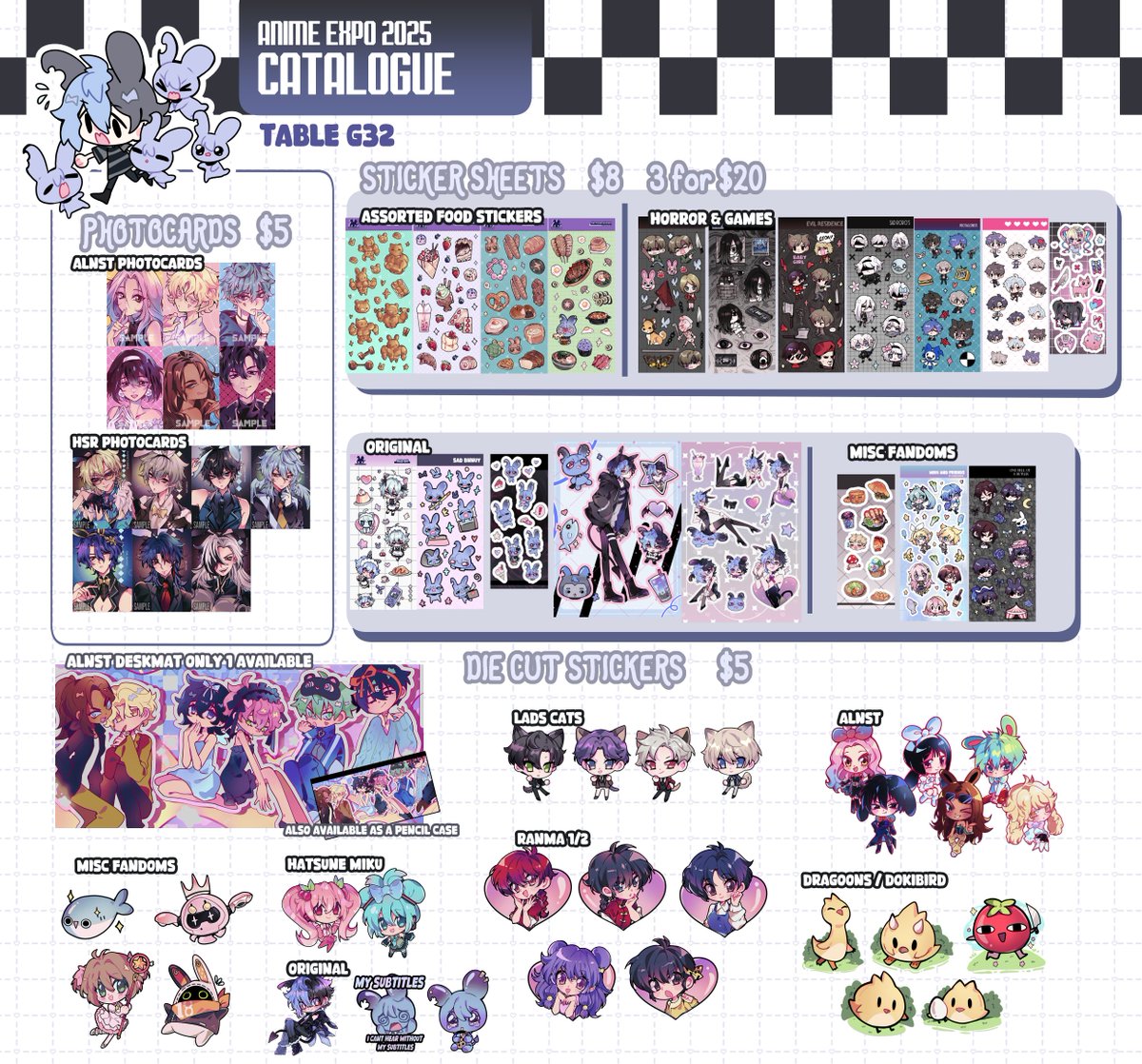 acidicchocoo's tweet image. Hello made my very first catalogue for AX 2025 🙇A lot of stuff I&apos;ve never made before, I&apos;ll be at G32!

I&apos;ll have: Dungeon Meshi, ALNST, LADS, Vocaloid, HSR, ZZZ, vtubers, OC and more

[ #ArtistAlley #AnimeExpo #AX2025 #AX2025ArtistAlley #AXArtistAlley2025 #AXCatalog ]