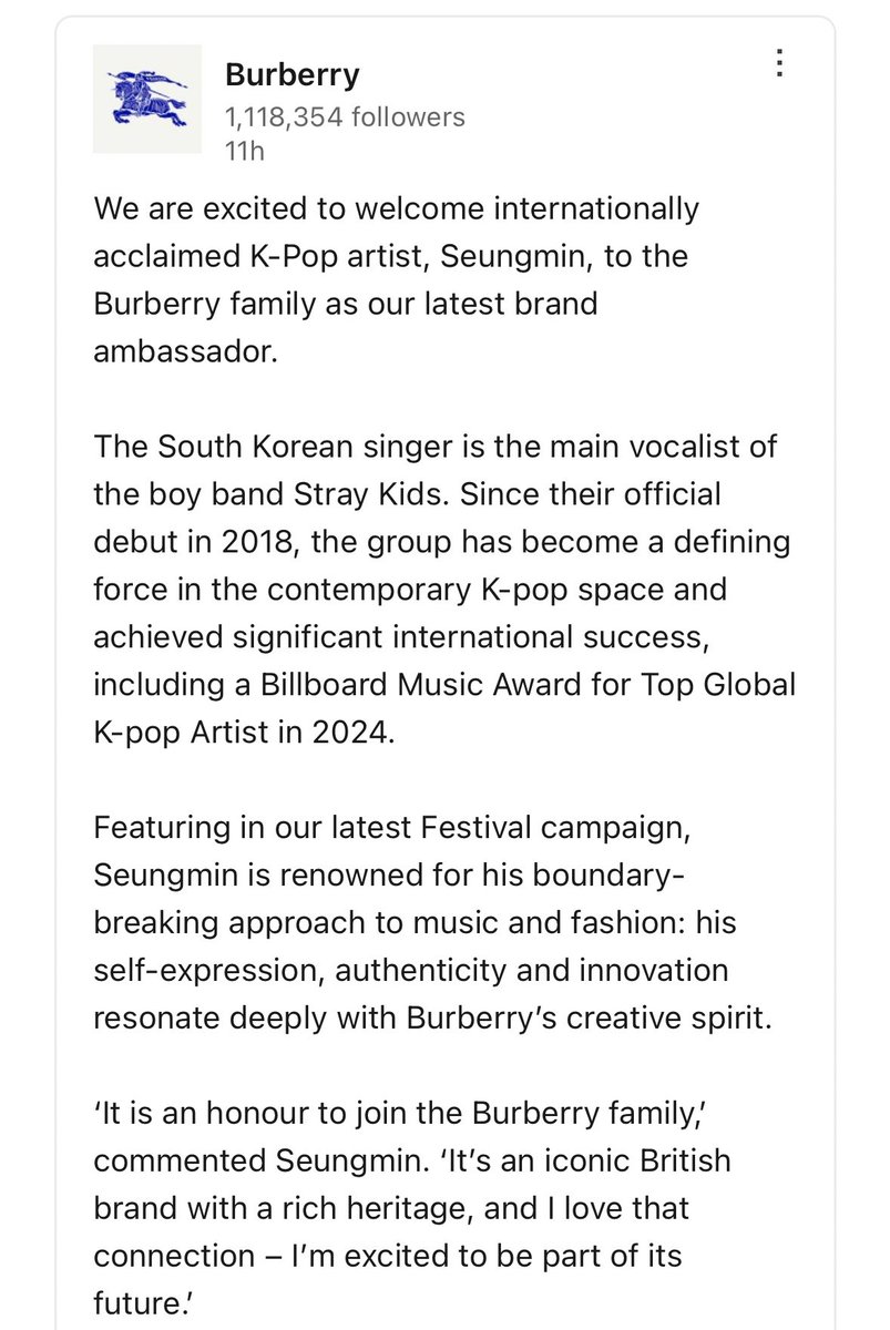 mindisky22's tweet photo. Bless 'em. Burberry is promoting Seungmin even on their LinkedIn.

SEUNGMIN BURBERRY AMBASSADOR
#SEUNGMINxBURBERRY
#Seungmin #승민 
@Stray_Kids @Burberry https://t.co/UAPd7legvF