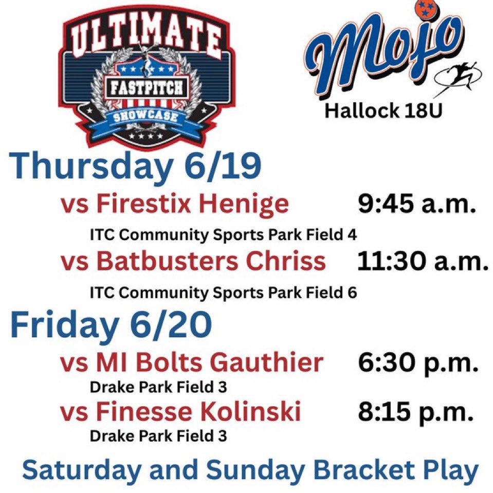 This weekends schedule. Be there or be square! <a href="/MojoHallock/">Tennessee Mojo Hallock 14U</a>