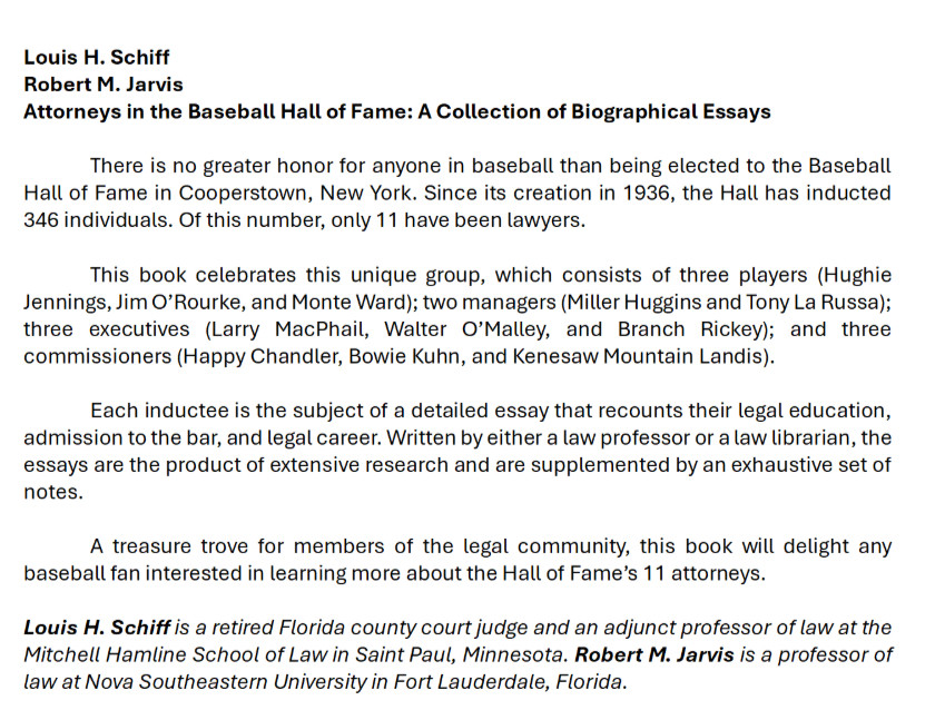 BaseballandLaw's tweet photo. This August!

"Attorneys in the Baseball Hall of Fame: A Collection of Biographical Essays"  

Honored to have @McFarlandCoPub as our publisher  

Preorder now⬇️

A great gift for your favorite attorneys, law students &amp; baseball fans

https://t.co/MNFCdqxPZq https://t.co/MUkRLNzfe3