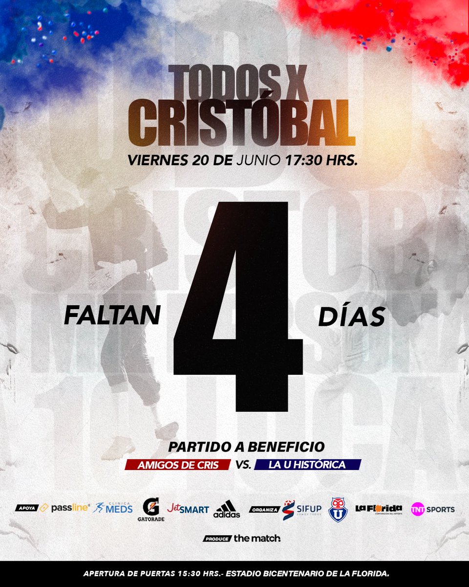 Cristóbal Campos nos necesita a todas y a todos 🔥.

Te esperamos este viernes en el estadio Bicentenario de La Florida 🏟️, para el partido a beneficio de #AmigosdeCris vs. #LeyendasdelaU 😃.

Las entradas a través de Passline 🫡.