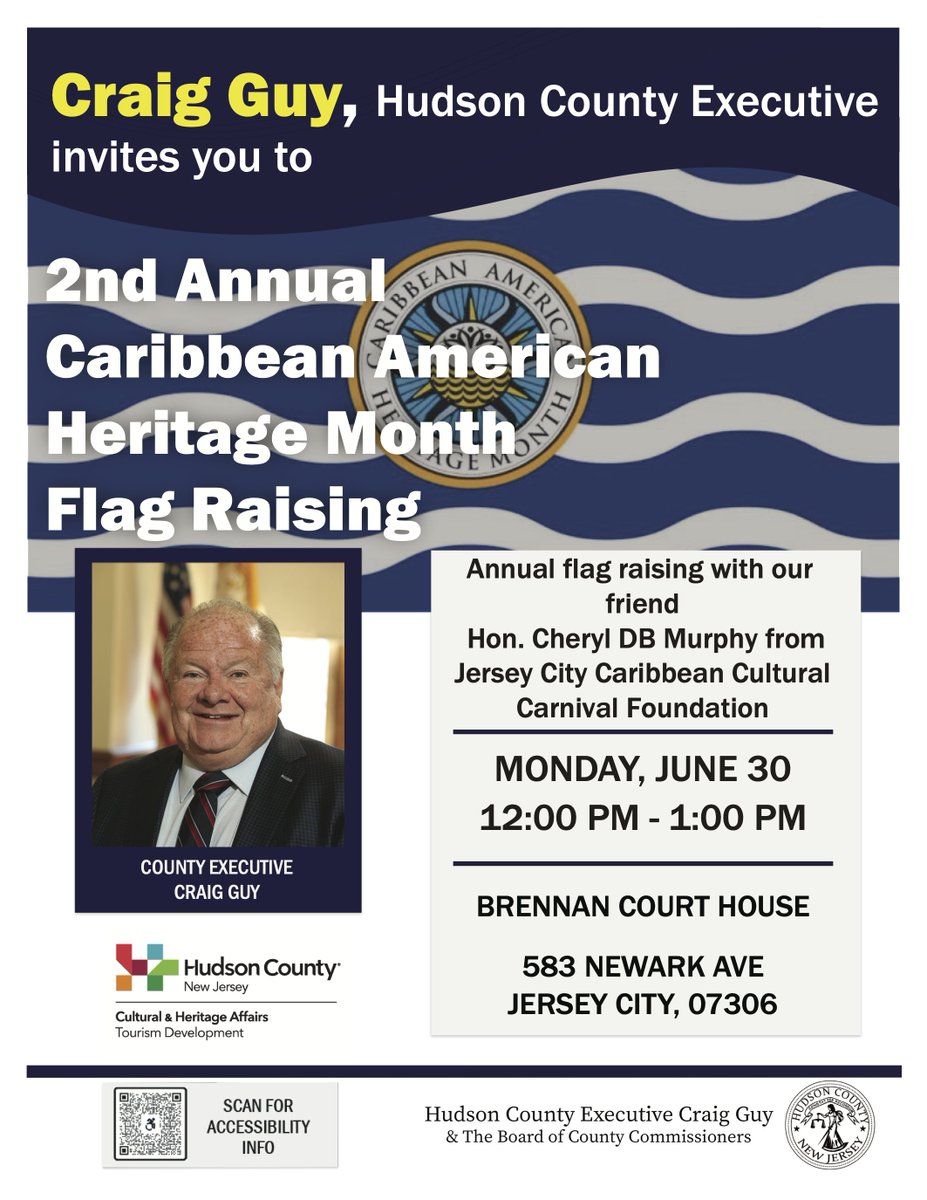 Hudson County’s 2nd Annual Caribbean American Heritage Flag Raising Ceremony is being held on Monday, June 30th at Noon. Join Hudson County Executive Craig Guy at the Brennan Court House for this annual celebration to close out Caribbean American Heritage Month!
#VisitHudsonNJ