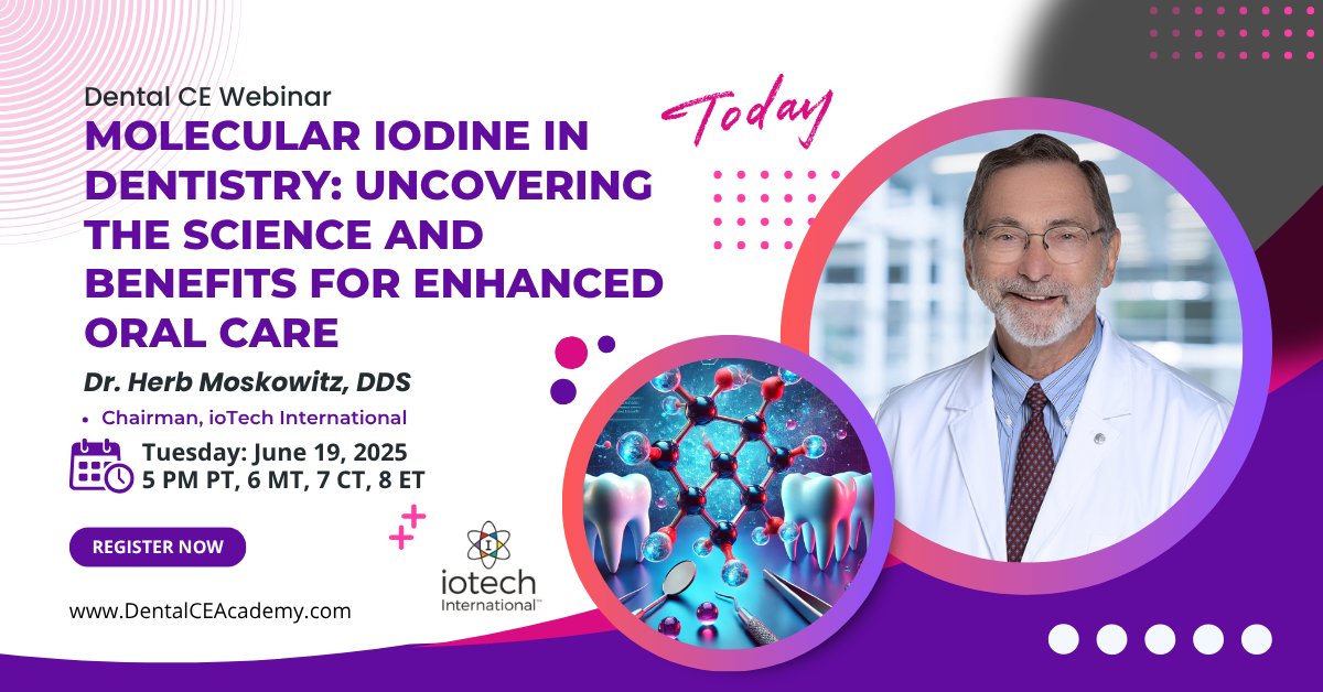 Join us tonight and claim a Free Sample of <a href="/iotechintl/">ioTech International</a>    iodine oral rinse.
📷 FREE Dental CE Webinar today! – 1 Live Credit!
Molecular Iodine in Dentistry: Uncovering the Science and Benefits for Enhanced Oral Care
📷 Register: dentalceacademy.com/molecular-iodi…...
📷 Antimicrobial.