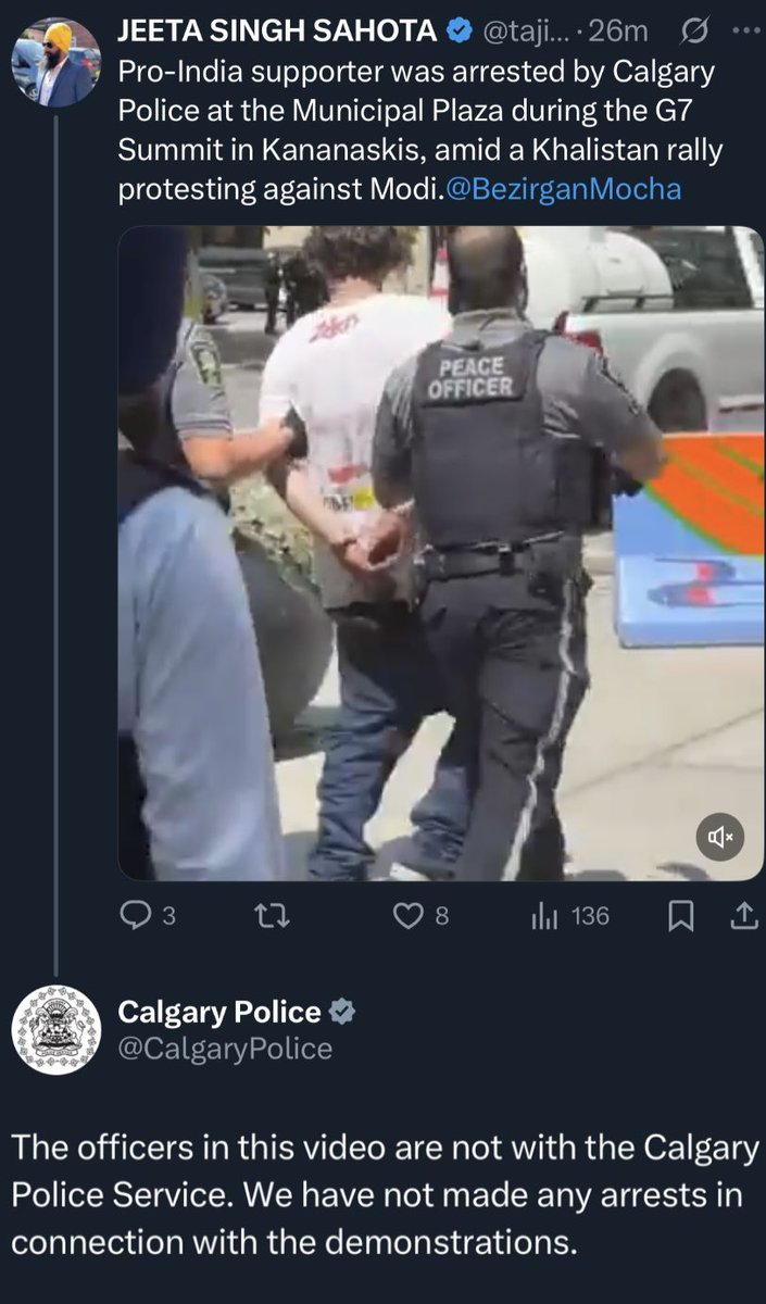 G7: Calgary Police clarify that no one has been arrested, contrary to a Khalistani claim that a “Pro-India supporter” was taken into custody.

I witnessed the detention by Peace Officers, and it’s highly likely the individual was a homeless person, not a political agitator.