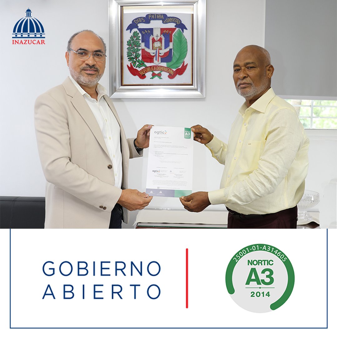 InazucarRDO's tweet photo. INAZUCAR logra certificación NORTIC A3:2014 y refuerza su compromiso con la transparencia.
Bajo la dirección de Máximo Pérez Pérez, se consolida como referente en datos abiertos y gestión pública eficiente en RD.

#GobiernoAbierto #INAZUCAR #Sostenibilidad #Azúcar https://t.co/m5lmv1r1d4