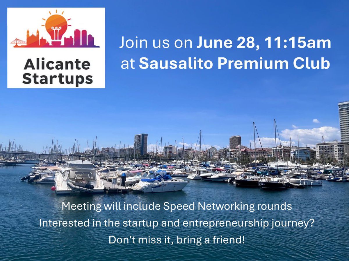 Mark your calendar for the next #Alicante #Startups event! 🗓️
This time it includes speed #networking rounds... 🤞🚤
Friday June, 28 11:15 at Sausalito. 🧃🍹
See you there!

meetup.com/alicantetech/e…