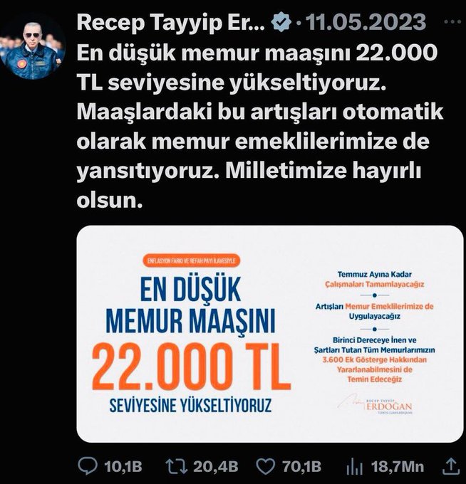 Seçimden önce OTOMATİK yansıyor
Seçimden sonra ek madde ile engelleniyor
Kanunlar mevsimler gibi değişemez!
Onuru kırılmış, emekliliği çileye dönüşmüş
#EmekliMemur lar olarak
#MemurEmeklisineAdalet i sandıkta sağlayacağız!
<a href="/TBMMGenelKurulu/">TBMM Genel Kurulu</a> <a href="/Akparti/">AK Parti</a> <a href="/herkesicinCHP/">CHP 🇹🇷</a> <a href="/nowhaber/">NOW HABER</a>