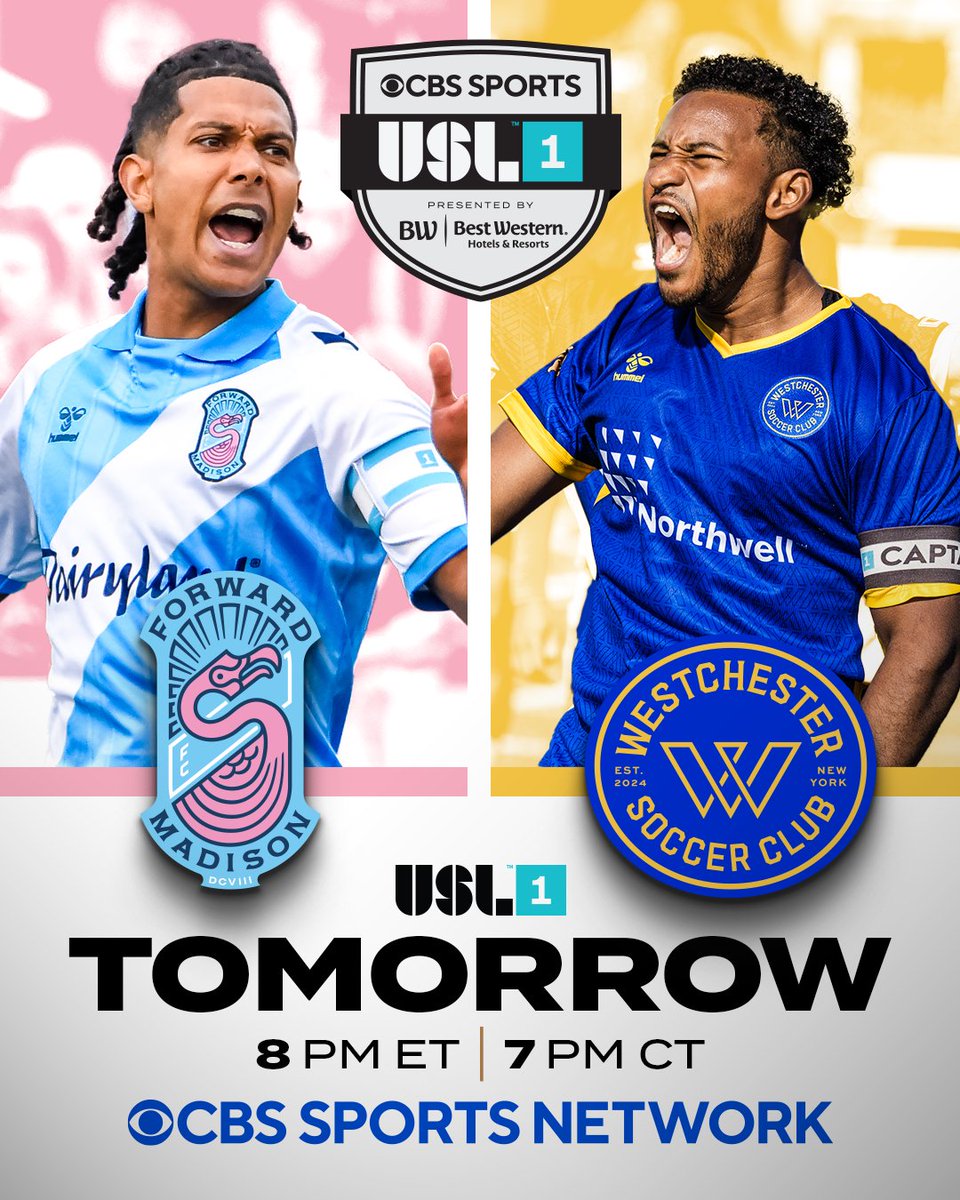 USL League One (@uslleagueone) on Twitter photo Midweek ๐๐๐ฉ๐๐ค๐ฃ in Madison ๐ฅ
Watch <a href="/ForwardMSNFC/">Forward Madison FC</a> face <a href="/westchestersc/">Westchester Soccer Club</a> tomorrow night on <a href="/CBSSportsNet/">CBS Sports Network</a>!
#USLonCBS // <a href="/bestwestern/">Best Western Hotels & Resorts</a> Midweek ๐๐๐ฉ๐๐ค๐ฃ in Madison ๐ฅ
Watch <a href="/ForwardMSNFC/">Forward Madison FC</a> face <a href="/westchestersc/">Westchester Soccer Club</a> tomorrow night on <a href="/CBSSportsNet/">CBS Sports Network</a>!
#USLonCBS // <a href="/bestwestern/">Best Western Hotels & Resorts</a>