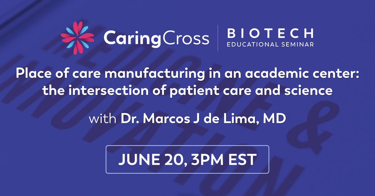 Join us June 20 for our next Biotech Seminar with Dr. Marcos de Lima (Ohio State). Learn from 15+ years of CAR-T experience in U.S. academic centers &amp; the future of decentralized manufacturing.

🕒 3PM ET | 🔗 Register: caringcross.org/events/
#CARTtherapy #CellTherapy