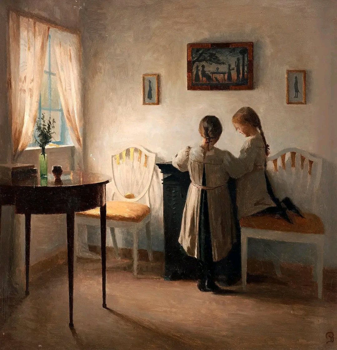 JF3336's tweet image. “Home should be an anchor, a port in a storm, a refuge, a happy place in which to dwell, a place where we are loved and where we can love.”
Elder Marvin J. Ashton

Peter Ilsted -Interior with Two Girls, 1900.