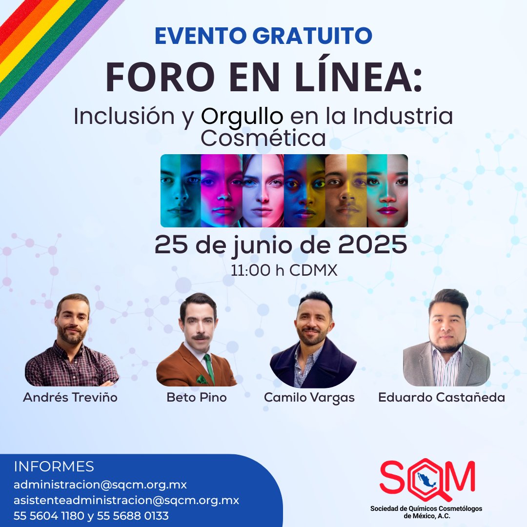 La SQCM te invita a presenciar el Foro en línea "Inclusión y Orgullo en la Industria Cosmética", evento gratuito 🌈 . 

⌛ Realiza tu registro e inscricpción en la siguiente liga: 
attendee.gotowebinar.com/register/48117…
