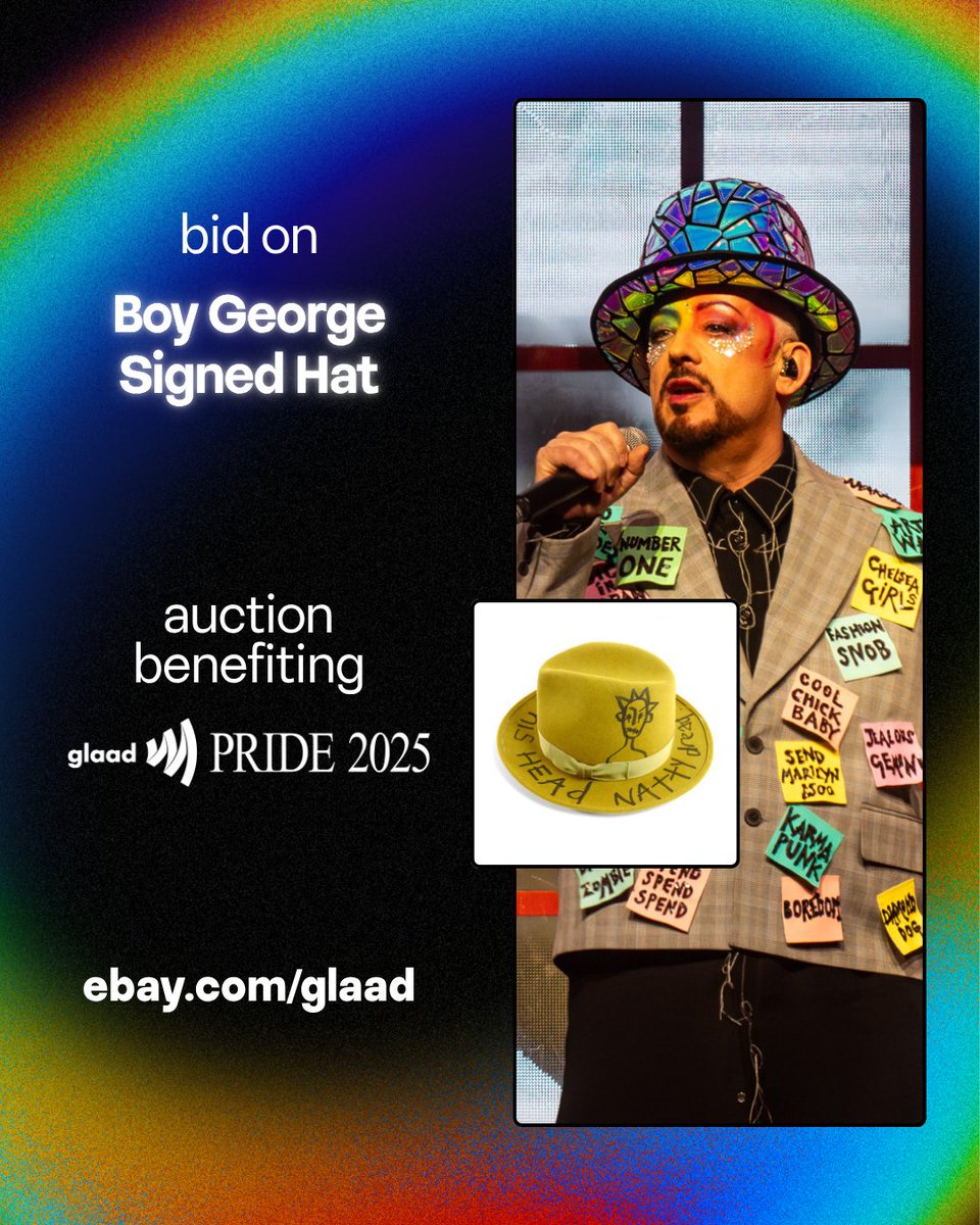 It’s not just a hat — it’s THE hat, signed by the one and only <a href="/BoyGeorge/">Boy George</a>! 🏳️‍🌈✨

Now up for grabs as part of <a href="/glaad/">GLAAD</a>'s eBay auction! This fashion statement is a must-have for collectors and culture club lovers. Bid now and support a great cause!

ebay.com/e/charity/glaad