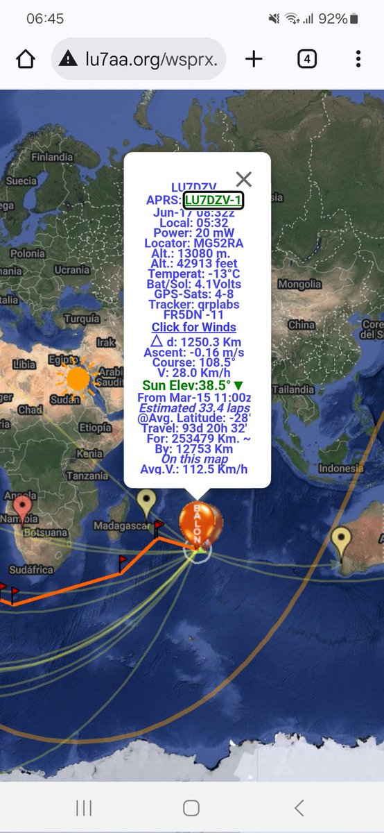 En imágenes lu9mab-1 (día solar 45), llegando a Sudamérica para cerrar el 4to giro a la tierra. También lu7dzv-1 (día 94 de vuelo), al sureste de la Isla Reunión, en el océano Indico, circunvalando la 8va vuelta al hemisferio sur. Además de wspr, ambos transmiten cw en 14.062 khz