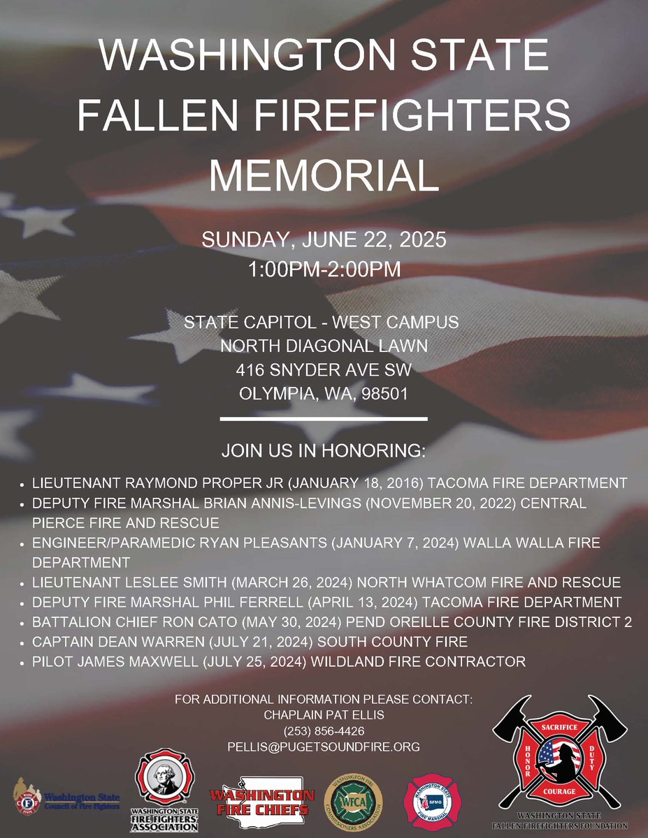 wafiremarshal's tweet image. Join us at the annual Washington State Fallen Firefighters Memorial Service this Sunday, June 22, 2025, on the State Capitol’s West Campus in Olympia WA.