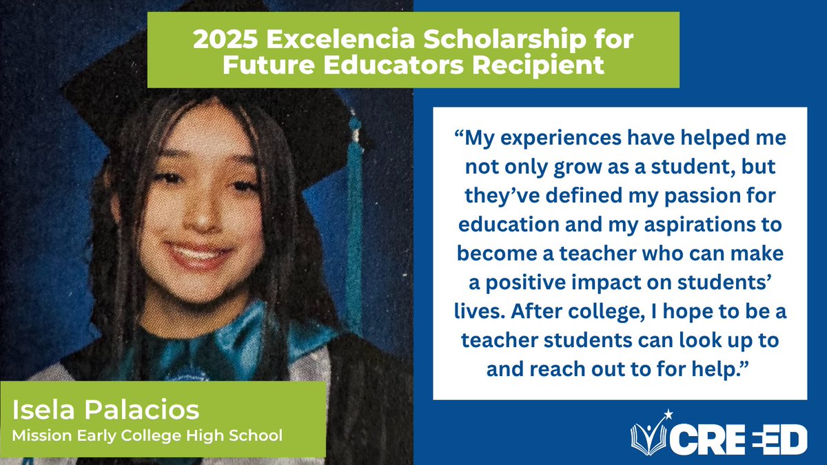 🌟 Meet Isela Palacios, the 2025 CREEED Excelencia Scholarship for Future Educators recipient!

Graduating from <a href="/SocorroISD/">Socorro ISD</a> Mission Early College High School with a 4.0, Isela is headed to <a href="/UTEP/">UTEP</a> to pursue a degree in education and become a teacher. Congratulations! 👏