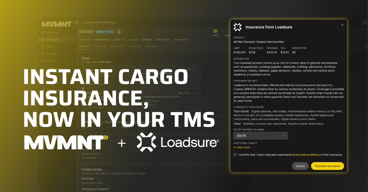 Still quoting cargo insurance like it’s 1998?

MVMNT + Loadsure = instant insurance, right from the shipment screen.
Just 3 fields: pickup date, delivery date, and commodity.

No calls. No forms. No delays.
🔗hubs.la/Q03sxG7C0

#freighttech #logistics #cargoinsurance