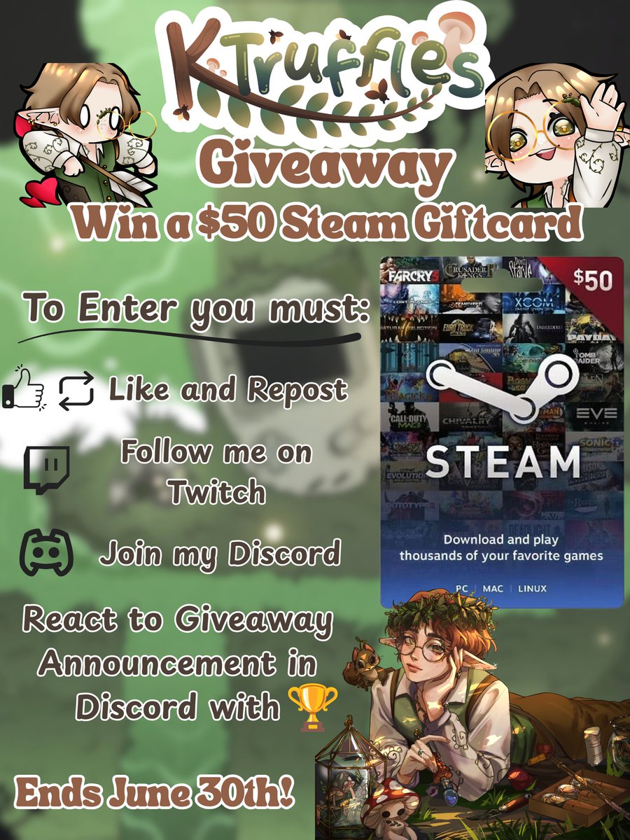 KTrufflesVT's tweet photo. GIVEAWAY TIME! 

We have reached our second giveaway incentive! This time it will be for a $50 Steam Giftcard!

TO ENTER:
❤️ Like this post
🔁 Retweet
🍄 Follow me on Twitch (Link in Bio)
🏆 Join my Discord and React to Giveaway Announcement with 🏆 (Also Linked in Bio and Giveaway will be pinned)

Winner will be picked on June 30th! Make sure you have followed all the steps or your entry will be voided- Good Luck!

 #giveaway #steam #raffle #Vtuber #ENVtuber
