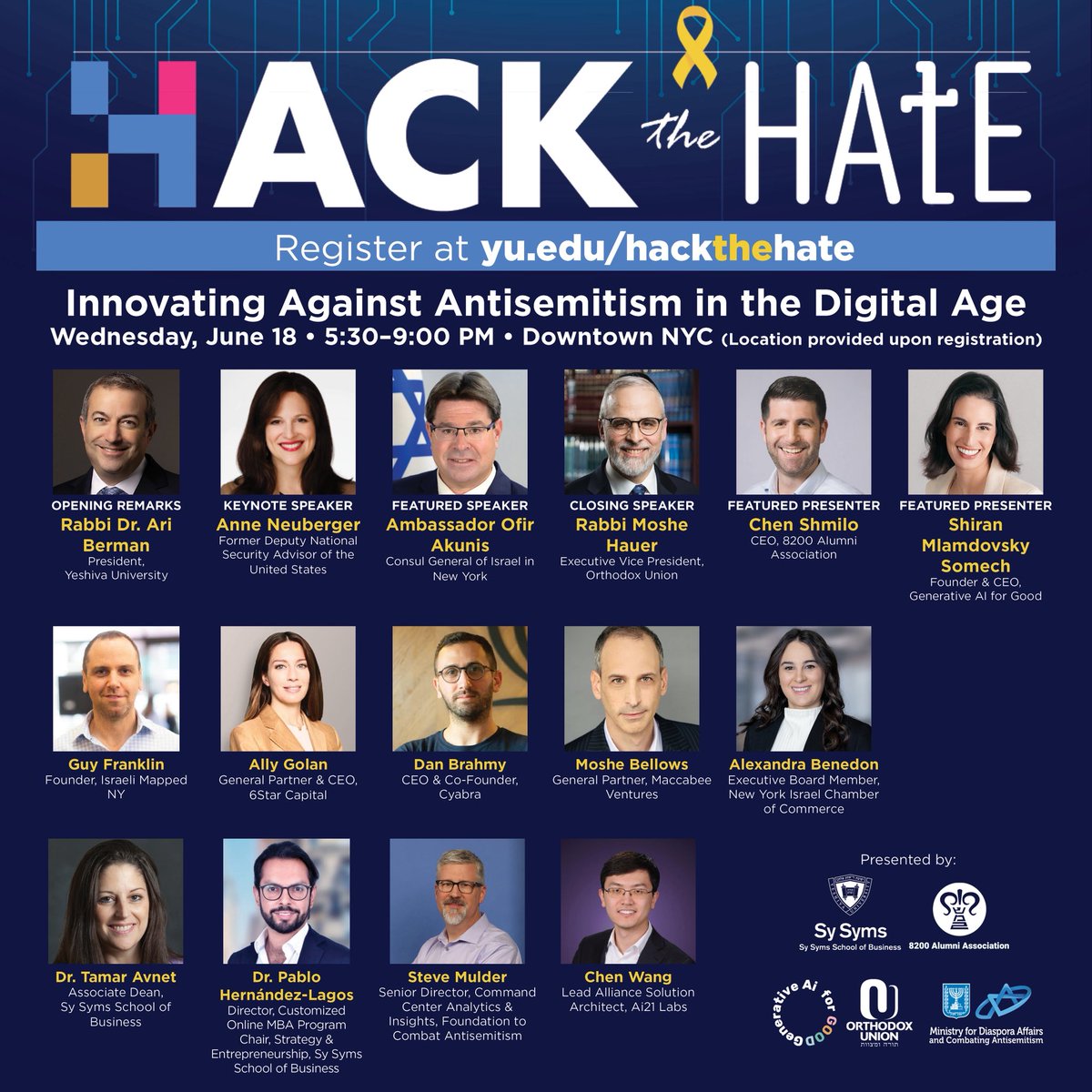 Join us TOMORROW NIGHT at 5:30 pm in NYC (address available upon registration) at Hack the Hate! 

REGISTRATION CLOSES AT 11:59 PM TONIGHT 

🔗 Register at yu.edu/hackthehate