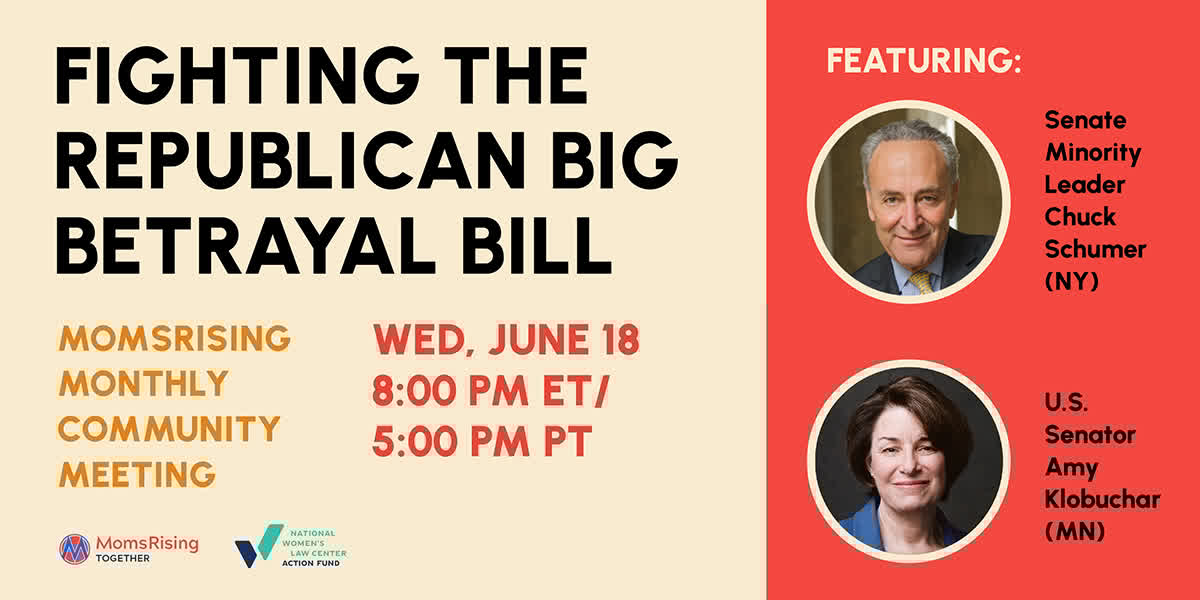MomsRising (@momsrising) on Twitter photo You're not going to want to miss a special virtual Community Meeting with <a href="/MomsRising/">MomsRising</a>, @MamasconPoder, <a href="/nwlcaf/">National Women's Law Center Action Fund</a>, <a href="/SenSchumer/">Chuck Schumer</a>, <a href="/SenAmyKlobuchar/">Senator Amy Klobuchar</a>, <a href="/domesticworkers/">Domestic Workers</a> & mom storytellers TOMORROW at 8 pmET ahead of the Senate vote on the Republican Big Betrayal bill and learn how to You're not going to want to miss a special virtual Community Meeting with <a href="/MomsRising/">MomsRising</a>, @MamasconPoder, <a href="/nwlcaf/">National Women's Law Center Action Fund</a>, <a href="/SenSchumer/">Chuck Schumer</a>, <a href="/SenAmyKlobuchar/">Senator Amy Klobuchar</a>, <a href="/domesticworkers/">Domestic Workers</a> & mom storytellers TOMORROW at 8 pmET ahead of the Senate vote on the Republican Big Betrayal bill and learn how to