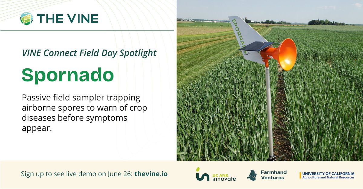 spornadosampler's tweet image. We’ll be demoing our Spornado Crop Disease Sampler at the VINE Connect Field Day on June 26 in Five Points,
CA! Join us for hands-on agtech demos alongside growers & researchers.
Free registration: eventbrite.com/e/vine-connect…