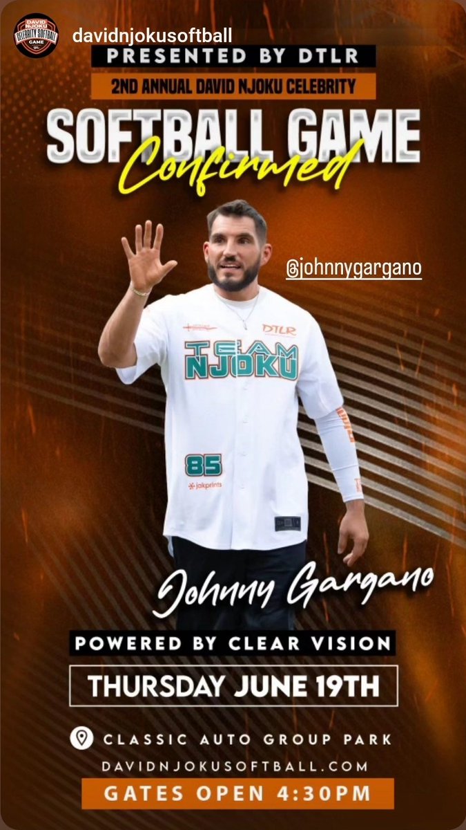 Johnny Gargano (@johnnygargano) on Twitter photo It's that time again, Cleveland!
The <a href="/David_Njoku80/">Chief David Njoku</a>
Celebrity Softball game is back again this Thursday night, and this year, I've recruited a few of my friends to join in on the fun.
🎟 davidnjokusoftball.com It's that time again, Cleveland!
The <a href="/David_Njoku80/">Chief David Njoku</a>
Celebrity Softball game is back again this Thursday night, and this year, I've recruited a few of my friends to join in on the fun.
🎟 davidnjokusoftball.com