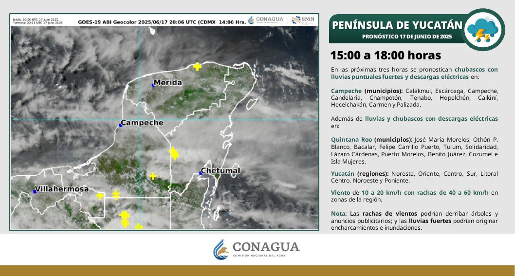 🌧️ Quintanarroenses, continuarán las lluvias puntuales fuertes con descargas eléctricas ⚡️ y viento de 10 a 20 km/h con rachas de 40 a 60 km/h en zonas de la región, que podrían derribar árboles y anuncios publicitarios.

⚠️ Tomen precauciones y manténganse informados a través de