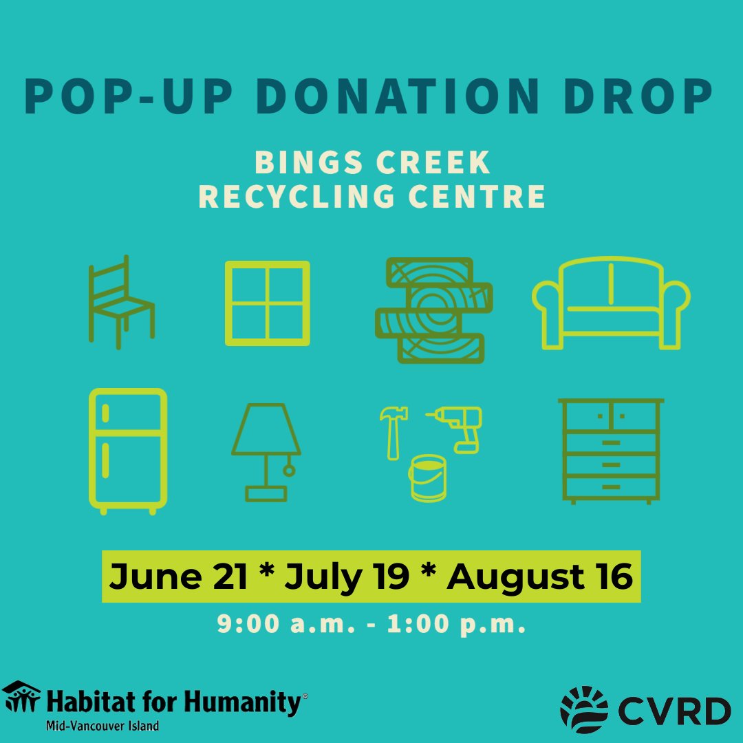☀️Hey Cowichan,

Donate your new or gently-used building materials or clean, good-working condition appliances and home décor to Habitat for Humanity at Bings Creek Recycling Centre from 9:00 am – 1:00 pm on Saturday, June 21.

For accepted materials:  habitatmvi.org/restore/donate…