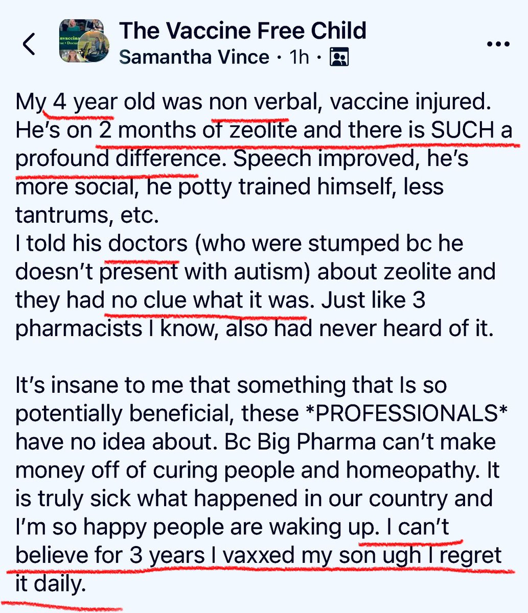 WOW!!!!!!!!!!!! 😮 
“My 4 year old was non verbal, vaccine injured. He’s on 2 months of zeolite and there is SUCH a profound difference. Speech improved, he’s more social, he potty trained himself, less tantrums, etc. 

I told his doctors (who were stumped bc he doesn’t present