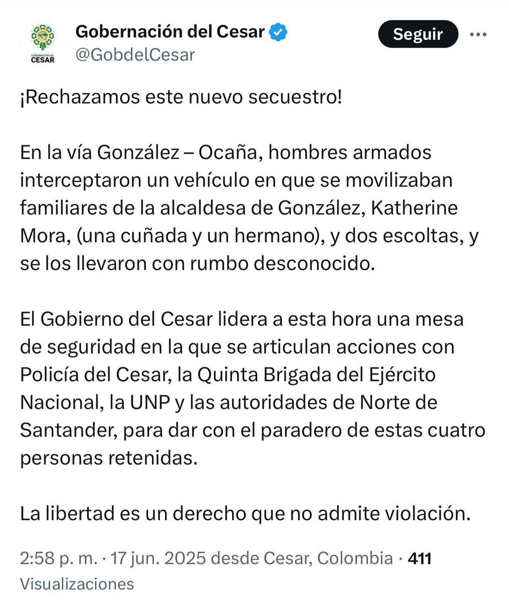 Rechazamos el secuestro de los familiares de nuestra alcaldesa de Gonzalez, Cesar, Katherin Mora. Exigimos a los secuestradores su inmediata liberación.Paz total ? Cual Paz Total ? <a href="/ONU_es/">Naciones Unidas</a> <a href="/MisionONUCol/">Misión de la ONU en Colombia</a> <a href="/FiscaliaCol/">Fiscalía Colombia</a> <a href="/PoliciaColombia/">Policía de Colombia</a> / <a href="/PartidoLiberal/">Partido Liberal</a>