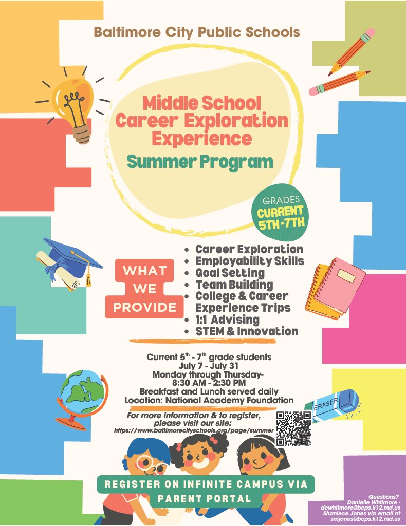 Summer Learning Spotlight: City Schools' free Summer Career Exploration Experience runs July 7–31 for current 5th–7th graders. Hands-on STEM, field trips, team building, &amp; more! Space is limited, register now: baltimorecityschools.org/page/summer