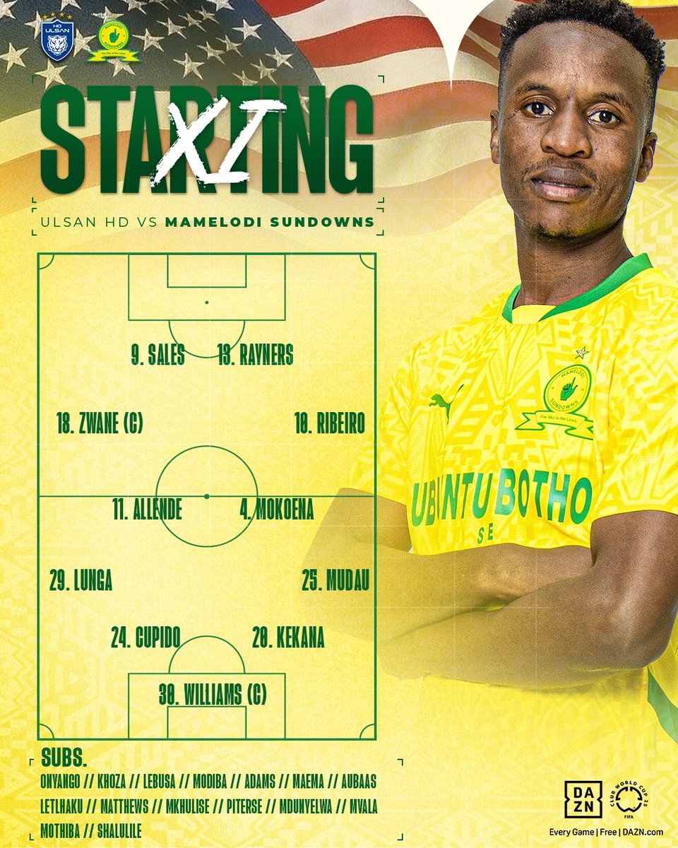 FARPost_ZA (@farpostza) on Twitter photo Sundowns XI v Ulsan HD
โฐ 00H00 SAST
๐ Inter&Co Stadium
๐บ SS 203
๐ท: <a href="/Masandawana/">Mamelodi Sundowns FC</a>
#FARPost
#FIFACWC Sundowns XI v Ulsan HD
โฐ 00H00 SAST
๐ Inter&Co Stadium
๐บ SS 203
๐ท: <a href="/Masandawana/">Mamelodi Sundowns FC</a>
#FARPost
#FIFACWC