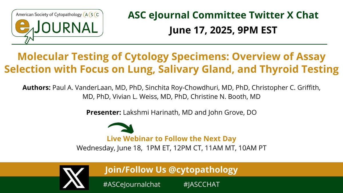 Join us for the ejournal live Twitter/X chat tonight at 9 pm ET, followed by a live webinar tomorrow, June 18, at 1 pm ET.
Register for the free webinar - buff.ly/W1PCVKG 
#cytopathology #cyto #cytopath