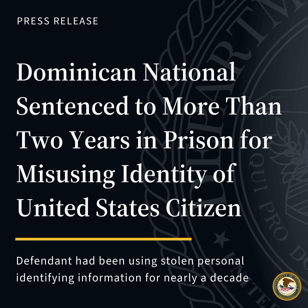 DMAnews1's tweet image. 🚨 Dominican national unlawfully residing in Dorchester sentenced to 27 months in prison for using stolen identity of U.S. citizen for nearly a decade. Defendant used the identity to obtain a MA driver’s license and to apply for a U.S. passport.
READ: justice.gov/usao-ma/pr/dom…