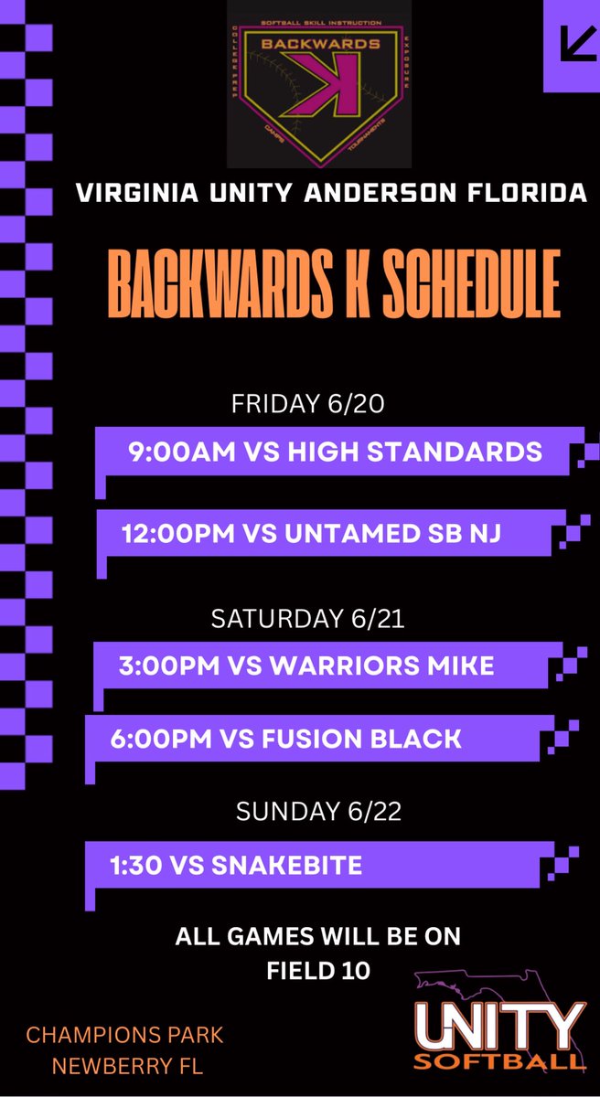 Unity Anderson-HS (@unityandersonhs) on Twitter photo Here is our schedule for <a href="/BackwardsKJax/">Backwards K Softball</a> this weekend in Newberry! Coaches come and see us! All games are on field 19 Here is our schedule for <a href="/BackwardsKJax/">Backwards K Softball</a> this weekend in Newberry! Coaches come and see us! All games are on field 19