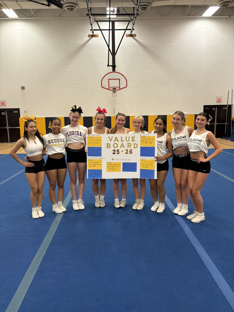 Starting this week off by defining our Team Values for the year! Thank you, to our Seniors, for making a visual board and presenting our values to the program. We are excited to work on these and grow! 😻💙💛   Ambitious. Accountability. Fearless. Grit. Sisterhood